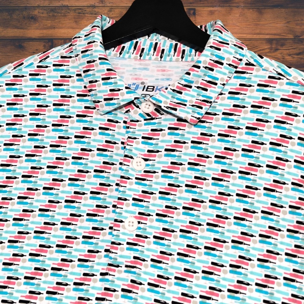IBKUL Long Sleeve Polo Shirt Mens Large Wine Bottles Glasses UPF 50‎ Golf Cruise